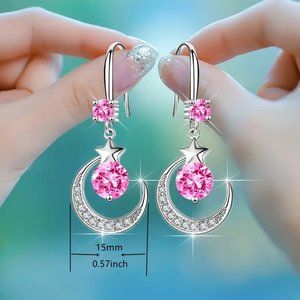 Star Moon Earrings 925 Sterling Silver  Pink Bride Wedding Engagement